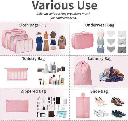 تقول GRANNY SAYS مجموعة أساسيات السفر الوردية، 8 مجموعات من مكعبات التعبئة ومكعبات تعبئة الرفوف المعلقة in Kuwait