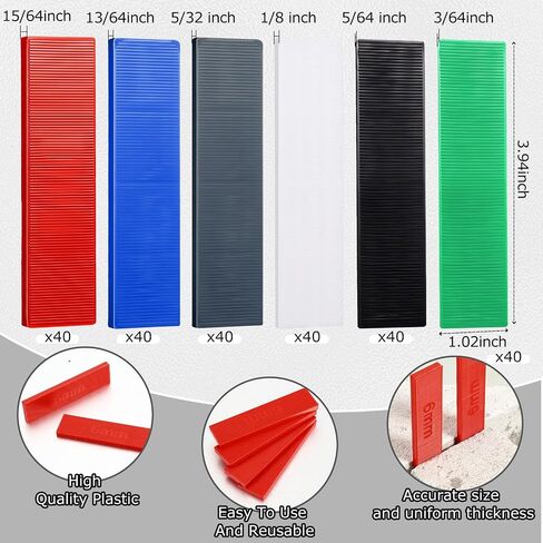Konohan 480 Pcs Plastic Flat Shims Structural Tile Plastic Shims for Leveling, 3/64, 5/64, 1/8, 5/32, 13/64, 15/64, Green, Black, White, Grey, Blue, Red in Saudi Arabia