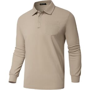 Men's Classic Long Sleeve Polo Shirts Casual Solid Polo Top Golf Shirts with Pocket