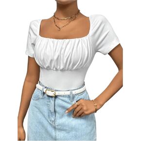 MakeMeChic Women's Square Neck Ruched Leotard Short Sleeve Slim Fitted Elegant Bodysuit Tops