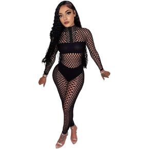 Pants Sets Women 2 Piece Outfits Sexy Mesh See Through Hollow Out Crop Sets For Women Club (1329-Black,one_size)