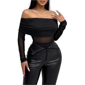 SOLY HUX Women's Sexy Off Shoulder Ruched Bodysuit Tops Mesh Long Sleeve Tee Shirts