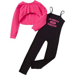 Floerns Girl's 2 Piece Outfit Graphic Print Cami Jumpsuit with Long Sleeve Super Crop Tops