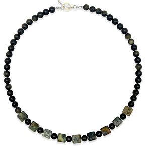 Natural Gemstone Beaded Necklace for Women and Men, 19" Elegant Handmade Choker Necklaces Obsidian Round Beads and Square Jade,Trendy Jewelry 2024