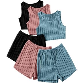 Milumia Girl's 3 Sets Ribbed Knit Round Neck Tank Tops and Shorts Summer Outfits
