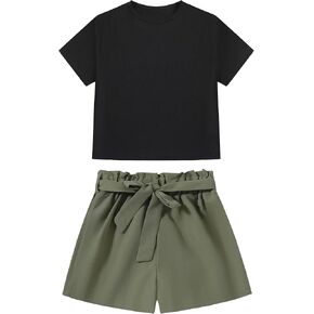 Girl's 2 Piece Outfits Short Short Sleeve Crop Top and Cute Print Shorts Sets with Belt 2 Piece Summer Clothes