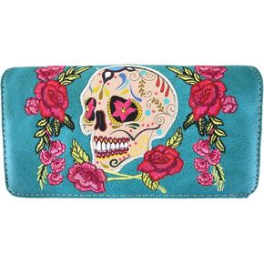 WESTERN ORIGIN Sugar Skull Day of the Dead Cross Bone Studs Punk Gothic Art Rivet Studded Women Wristlet Trifold Wallet (#2 Black)
