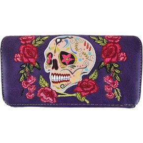 WESTERN ORIGIN Sugar Skull Day of the Dead Cross Bone Studs Punk Gothic Art Rivet Studded Women Wristlet Trifold Wallet (#2 Black)