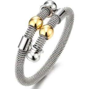 COOLSTEELANDBEYOND Ladies Stainless Steel Cuff Bangle Bracelet with Silver Gold Two-Tone Charms Polished