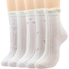 Cute Floral Crew Socks,Comfortable Cotton Ruffle Frilly Socks Women,Bow Crew Socks,Lolita socks for Ladies Girls 5 Pairs.