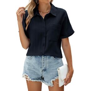 Neineiwu Womens Dressy Casual Short Sleeve Collared Button Down Shirts with Pocket