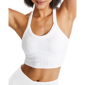 Halter Sports Bra Longline Open Back Workout Top Ribbed Crop Tank Tops with Built in Bra Gym Yoga Push Up