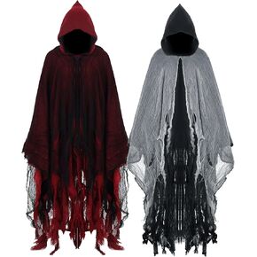 Geyoga 2 Pcs Halloween Hooded Cloak Medieval Renaissance Gothic Wizard Robe Scary Grim Reaper Cosplay Costume for Unisex