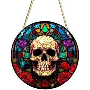 1PCS 6.3'' Skull Acrylic Window Hanging, Gothic Style Stained Glass Panels,Stained Panel Double Side Hanging Wall Art Decor for Home Office Festival Decoration