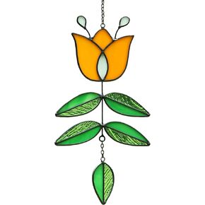 Tulip Stained Glass Suncatcher, Folk Flower Stained Glass Window Hanging Sun Catcher, Retro Home Decor, Handmade Kitchen Window Decor for Plant Lovers, 9.4" x 4.7"