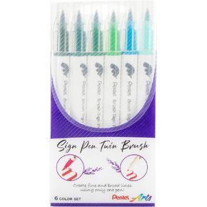Pentel Arts Sign Pen Twin Brush, Pack of 6 Pens, Green Hues (SESW30CPC6-3)