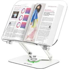 Amasrich Acrylic Book Stand for Reading, Upgraded Adjustable Holder with 360° Rotating Base & Page Clips, Foldable Desktop Ricer for displaying Cookbook, Laptop, Recipe, Textbook, Hands Free,Aluminum