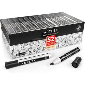 Arteza Black Dry Erase Markers, Bulk Pack of 52 Whiteboard Markers, Chisel Tip, Low-Odor Ink, Long-Lasting & Easy-to-Erase, Ideal for School, Office, Homeschooling and Teachers
