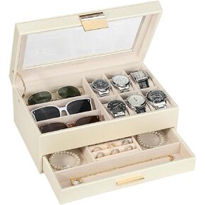 LANDICI Watch Box Organizer Jewelry Box for Men Women,2 Layer 6 Slot PU Leather Watch Storage Case with Glass Top,Large Jewellery Display Holder for Watch Sunglasses Necklace Ring,Apricot & Apricot