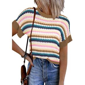 EVALESS Casual Short Sleeve Sweaters for Women Summer Crewneck Color Block Sweater Tops Lightweight Pullover Top Knit Shirts