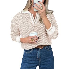 Saodimallsu Womens Fall Sweaters Tops Lapel V Neck Knit Sweater Color Block Long Sleeve Casual Soft Pullover Shirt