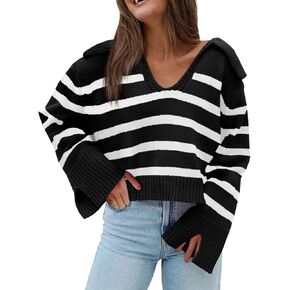 Saodimallsu Womens Striped Sweater V Neck Collared Fall Trendy Knitted Long Sleeve Loose Pullover Sweaters