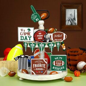 12 Pieces Football Tiered Tray Decor Football Decorations Farmhouse Wooden Rustic Football Party Supplies Game Day Sign Helmet Blocks Football Tray Decor Set for Football Fans Club Bars Home Decor
