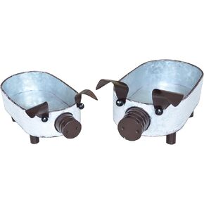 Galvanized Metal White Washed Farmhouse Pig Tray Distressed Pig Tabletop Centerpiece Décor Set of 2