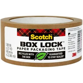 Scotch Box Lock Paper Packing Tape, Kraft Brown, Extreme Grip Kraft Paper Tape That Recycles with The Box, Moving Supplies, 1.88 in. x 25 yd., 1 Tape Roll
