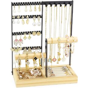 Jewelry Holder Organizer Stand 4-Tier Necklace Stand Earring Holder with Wooden Tray, Jewelry Rack for Bracelets Watches and Rings Display Stand, Gifts for Women & Girls-Black