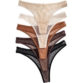 Women's Sheer Mesh Bowknot Thongs Heart Print Low Rise Panties Soft Underwear Sets Pack of 5