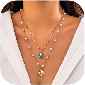 Seashell Necklace Gold Pearl Shell Necklace for Women Beach Charm Necklaces Summer Outfits for Women Boho Puka Shell Necklace Beaded Chain Necklace for Women Beachy Jewelry Gifts