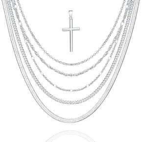 6 Pcs Stackable Silver Chain for Women, Womens Silver Plated Chain Necklace Cross Pendant Jewelry Set (5 Chains and 1 Cross Pendant)