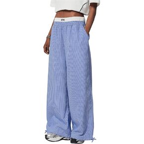 Verdusa Women's Striped Wide Leg Elastic High Waisted Casual Pants with Pockets