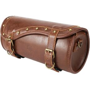 NICECNC Motorcycle Front Fork Bag PU Leather, Vintage Crazy Horse Lines Motorcycle Handlebar Bag Universal Motorcycle Tool bag Motorcycle Sissy Bar Bag Saddle Bag with Reinforced Straps,Brown