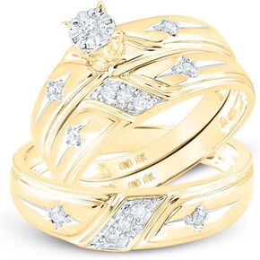 10k Yellow Gold Diamond Cross on Side Mens And Ladies Couple His & Hers Trio 3 Three Ring Bridal Matching Engagement Wedding Ring Band Set (0.15 cttw.) - Please use drop down menu to select your desired ring sizes