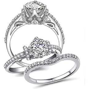 Venetia Top Grade Realistic Hearts and Arrows Cut Art Decor Pave Simulated Diamond Ring Curved Band 2 Pcs Set Platinum Plated 925 Silver scalop2set5