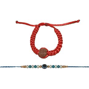 مجموعة من قطعتين من سوار رودراكشا راخي، رودهاكشا راخي وعين شريرة، سوار حبل مع خرزة رودراكش، هدايا راخي للأخ والأخت وبهيا وبهابي لمهرجان راخي راكشا باندان الهندي in Kuwait