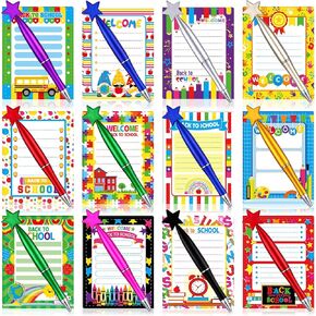 Eaasty 48 Pcs Welcome Back to School Notepad Pen Set Cute Back to School Gifts Bulk 24 First Day of School Mini Notebook 24 Star Shaped Ballpoint Pen for Student Classroom School Teacher Supplies Gift