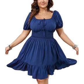 Womens Plus Size Short Lantern Sleeve Scoop Neck Mini Dress Elastic High Waist Summer Dresses Ruffle Wedding Guest Dress