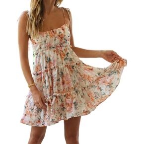 Gihuo Womens Floral Mini Dress Boho Flowy Skater Spaghetti Strap Ruffle Sleeveless Beach Dress 2024 Summer Sundresses