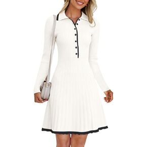 MEROKEETY Women's Long Sleeve V Neck Sweater Dress 2024 Fall Button Ribbed Knit Pleated Mini Dresses