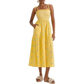 Women Floral Embroidered Maxi Dress Sleeveless Tie Shoulder Smocked Flowy Dress Boho Summer Sundresses with Pockets