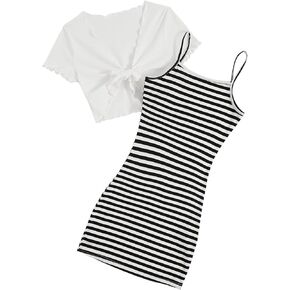 OYOANGLE Girl's Striped Print Cami Dresses and Short Sleeve Knot Tie Front Top Sets 2 Pieces Outfits