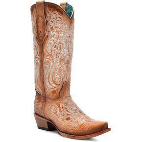 CORRAL LADIE'S CRACKLED STRAW-BLUE LIMINISCENT EMBROIDERY, LEATHER SOLE, COWHIDE LEATHER, WESTERN BOOTS, C4144