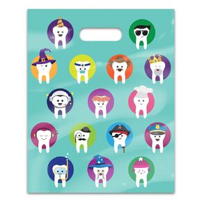 Practicon Character Teeth 8" x 10" Dental Giveaway Bag, Dental Hygiene Patient Care Goodie Bag, Dentist Office Plastic Gift Bags, 100 Pack