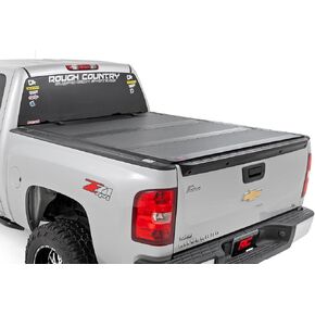 Rough Country Hard Tri-Fold Flip Up Truck Bed Tonneau Cover for Chevy Silverado 1500/GMC Sierra 1500 (2007-2013) - Fits 5'9 (69.3") Bed w/Rail Caps