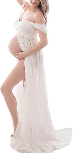 Maternity Off Shoulder Lace Photography Dress Front Split Maxi Chiffon Gown for Photoshoot in Saudi Arabia