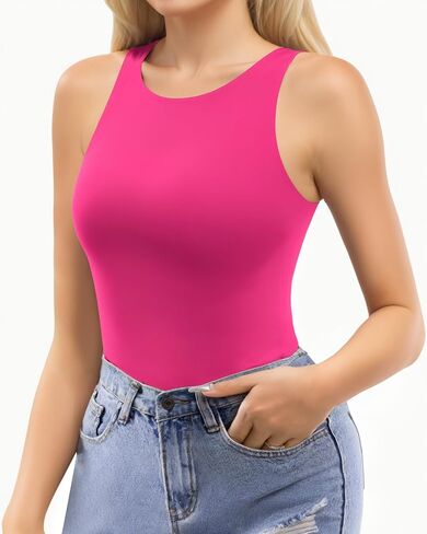 MANGOPOP Tank Top Bodysuits for Women Thong Sleeveless Crew Neck Double Lined Body Suits Racerback Halter Womens Bodysuit in Saudi Arabia