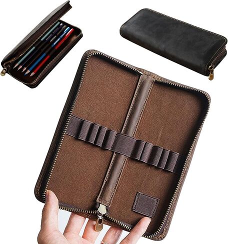 Leather Pencil Case Organizer, 10 Wooden Pencils Portable Pen Case Storage for Drawing Pencils and Markers (black) in Saudi Arabia